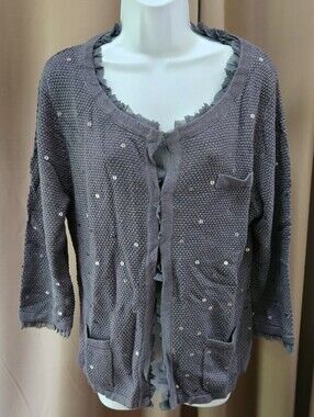 NWT Colleen Lopez Gray Knit Ruffled Sequin 3/4 Sleeve Cardigan